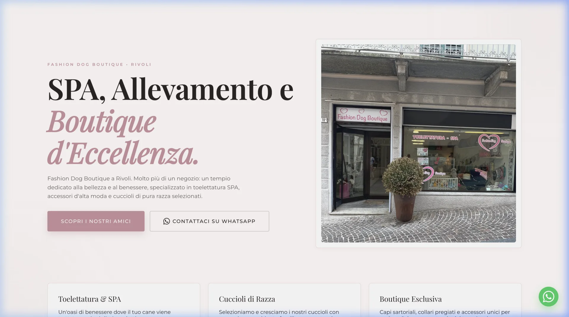 La home del sito di Fashion Dog Boutique, toelettatura e boutique per cani a Rivoli