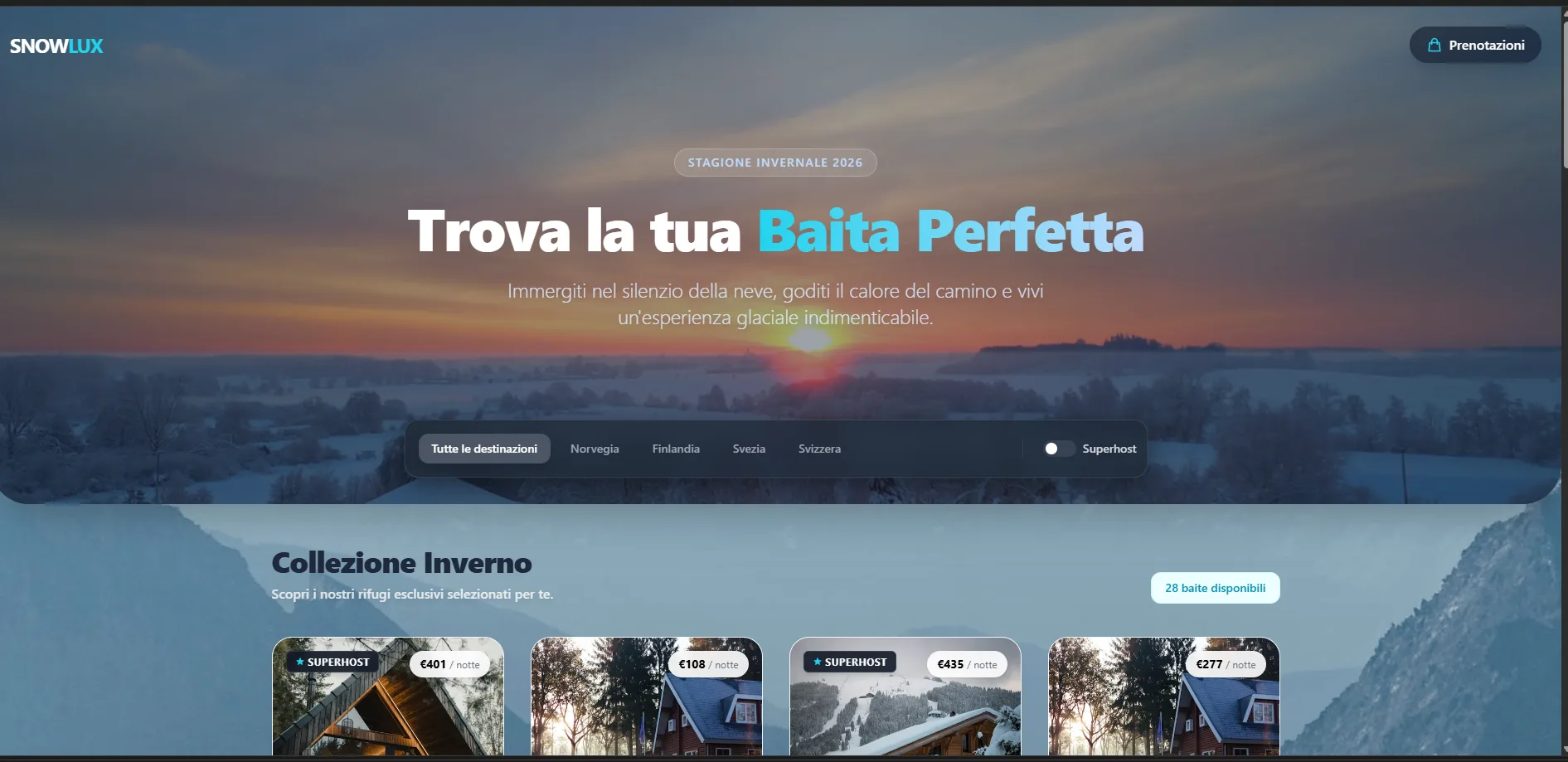 La home di SnowLux, piattaforma di prenotazione di baite con ricerca per destinazione e prezzi per notte