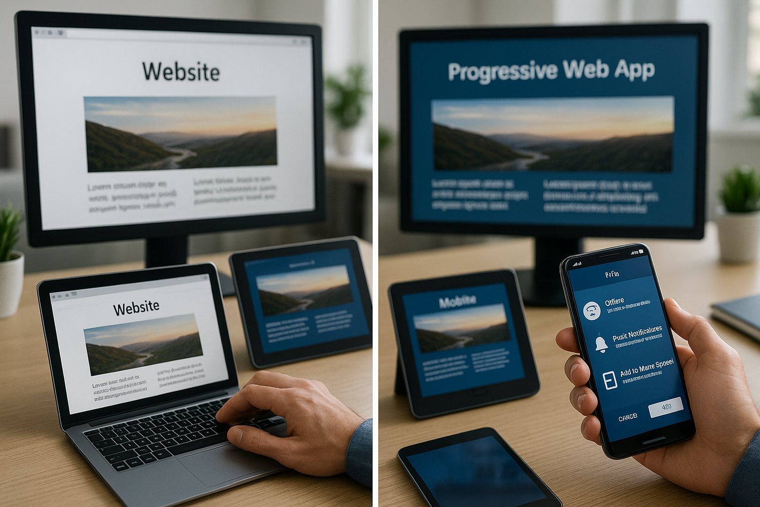 Confronto tra sito web tradizionale e PWA Progressive Web App su dispositivi desktop e mobile in ambiente professionale moderno