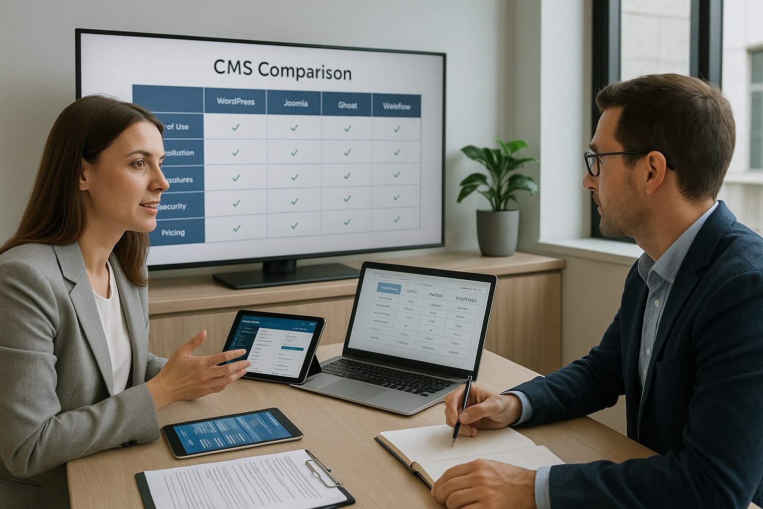 Consulente digitale mostra a un cliente come scegliere il CMS più adatto, con tabella comparativa su display, demo su tablet e appunti presi durante un incontro in ufficio moderno e professionale.
