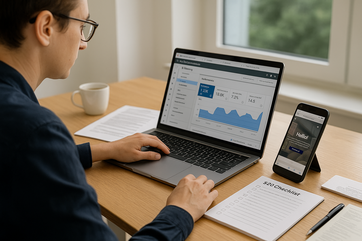 Specialista di digital marketing analizza le metriche di performance per l’Ottimizzazione Sito WordPress, con Google Search Console aperto su laptop, sito mobile su smartphone e checklist SEO sulla scrivania.
