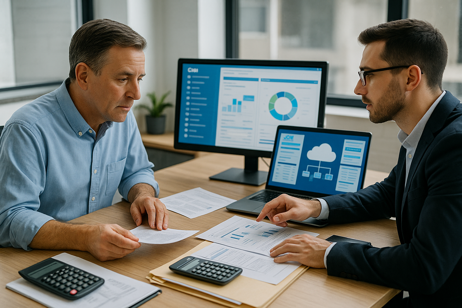 Piccolo imprenditore affiancato da un consulente digitale mentre esaminano soluzioni cloud e software CRM per la digitalizzazione azienda, in un ufficio moderno con transizione visibile da documenti cartacei a strumenti digitali.