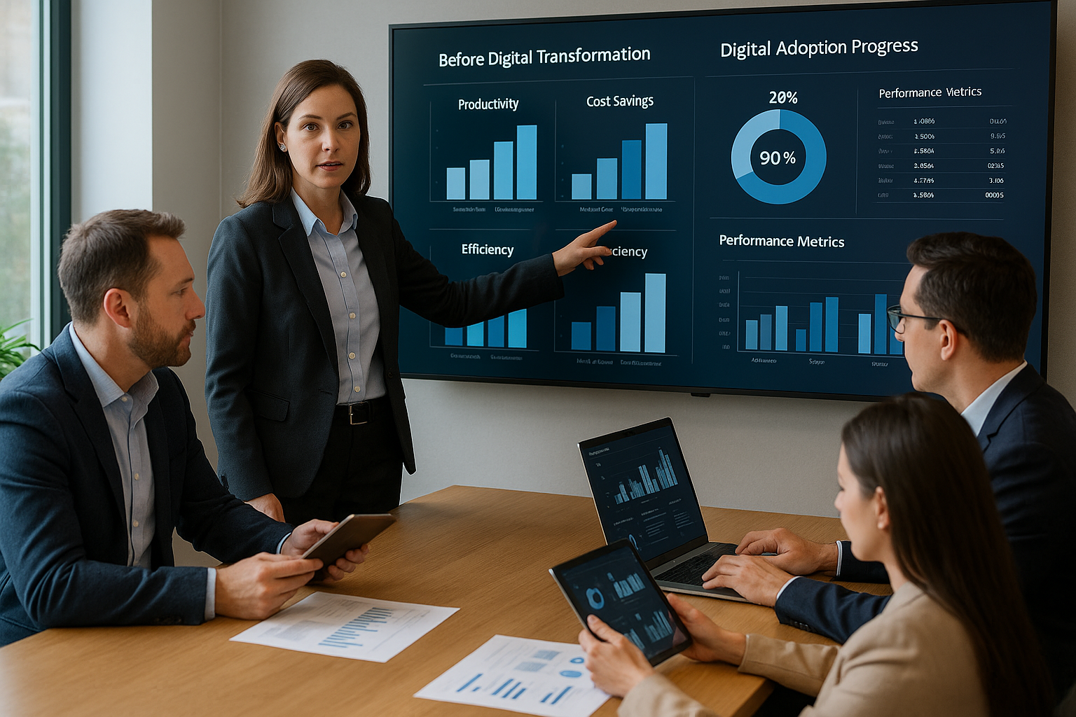 Team aziendale analizza ROI e metriche di performance su dashboard interattivo, valutando i benefici della digitalizzazione azienda con grafici prima e dopo, in un ambiente moderno e orientato ai dati.