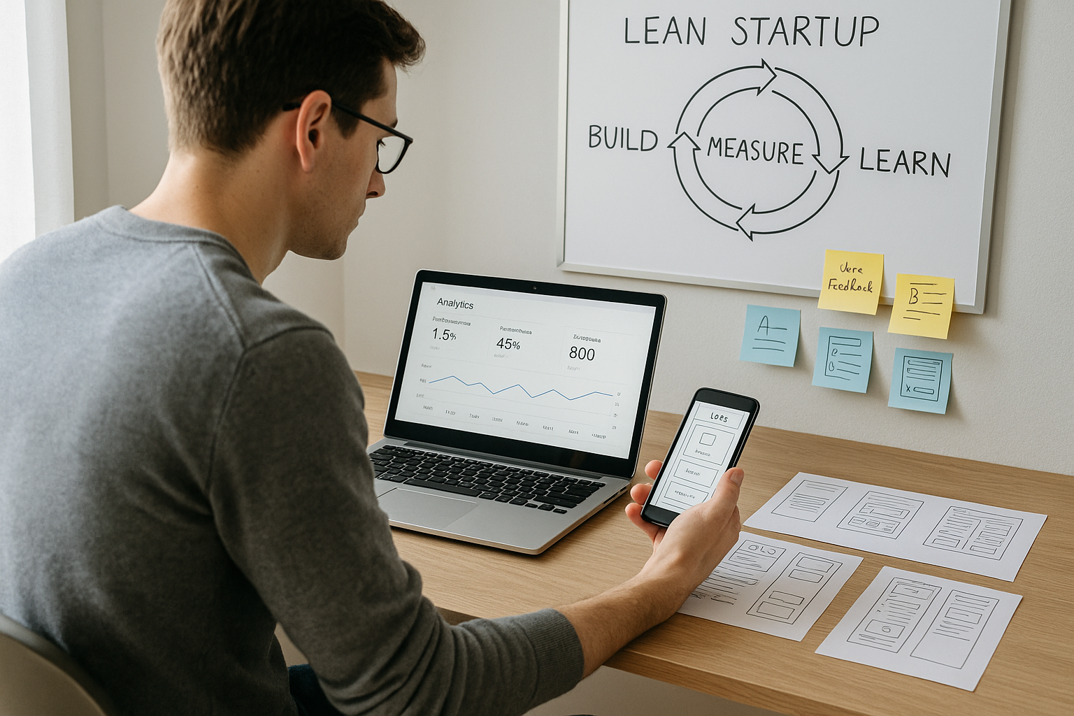 Product manager testa un mvp minimum viable product su laptop e smartphone, con dashboard di analytics, wireframe cartacei e schema Lean Startup sulla parete, in un moderno home office.