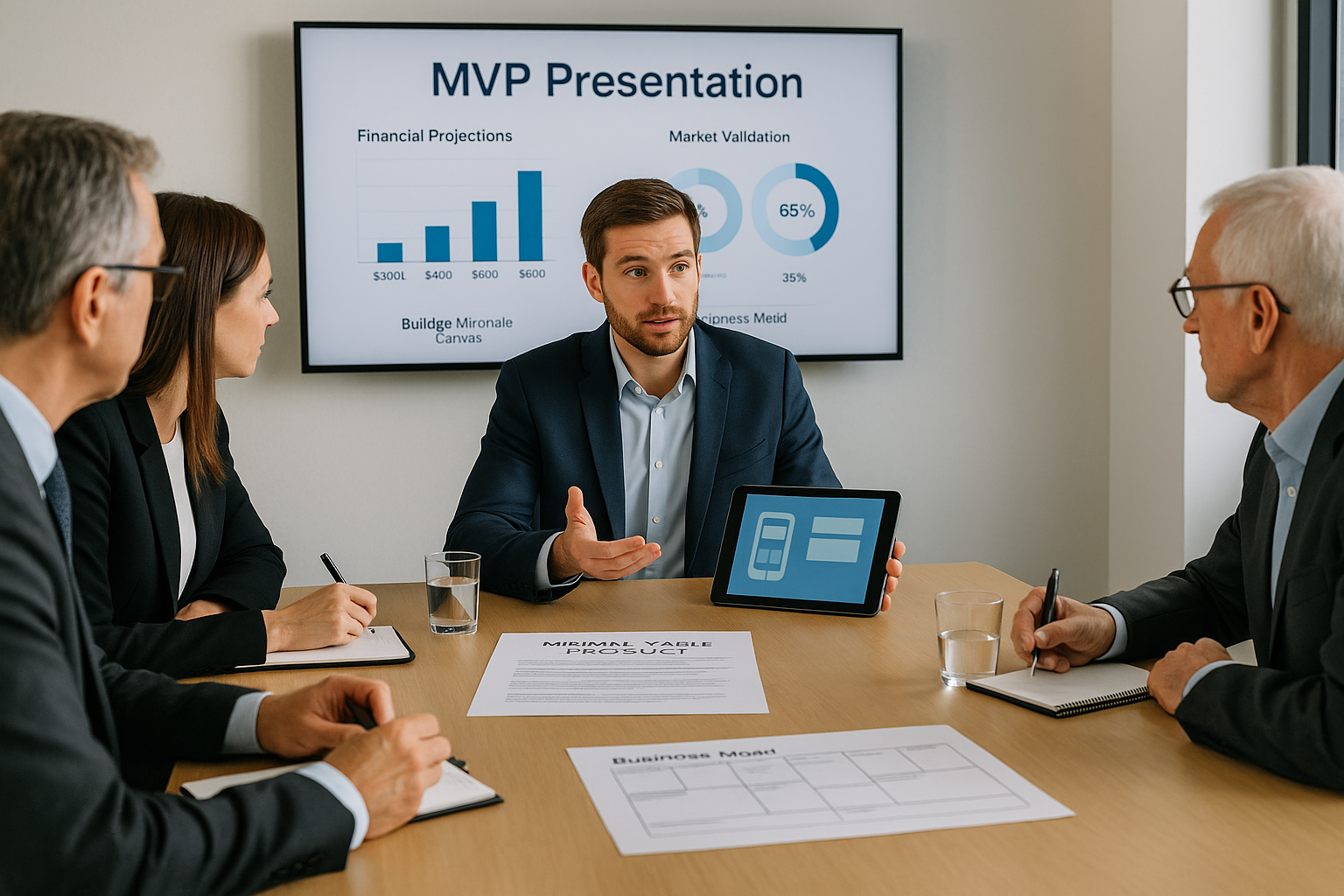 Imprenditore presenta un mvp minimum viable product a un gruppo di investitori, mostrando un prototipo su tablet e proiezioni finanziarie su schermo, in una sala riunioni professionale.