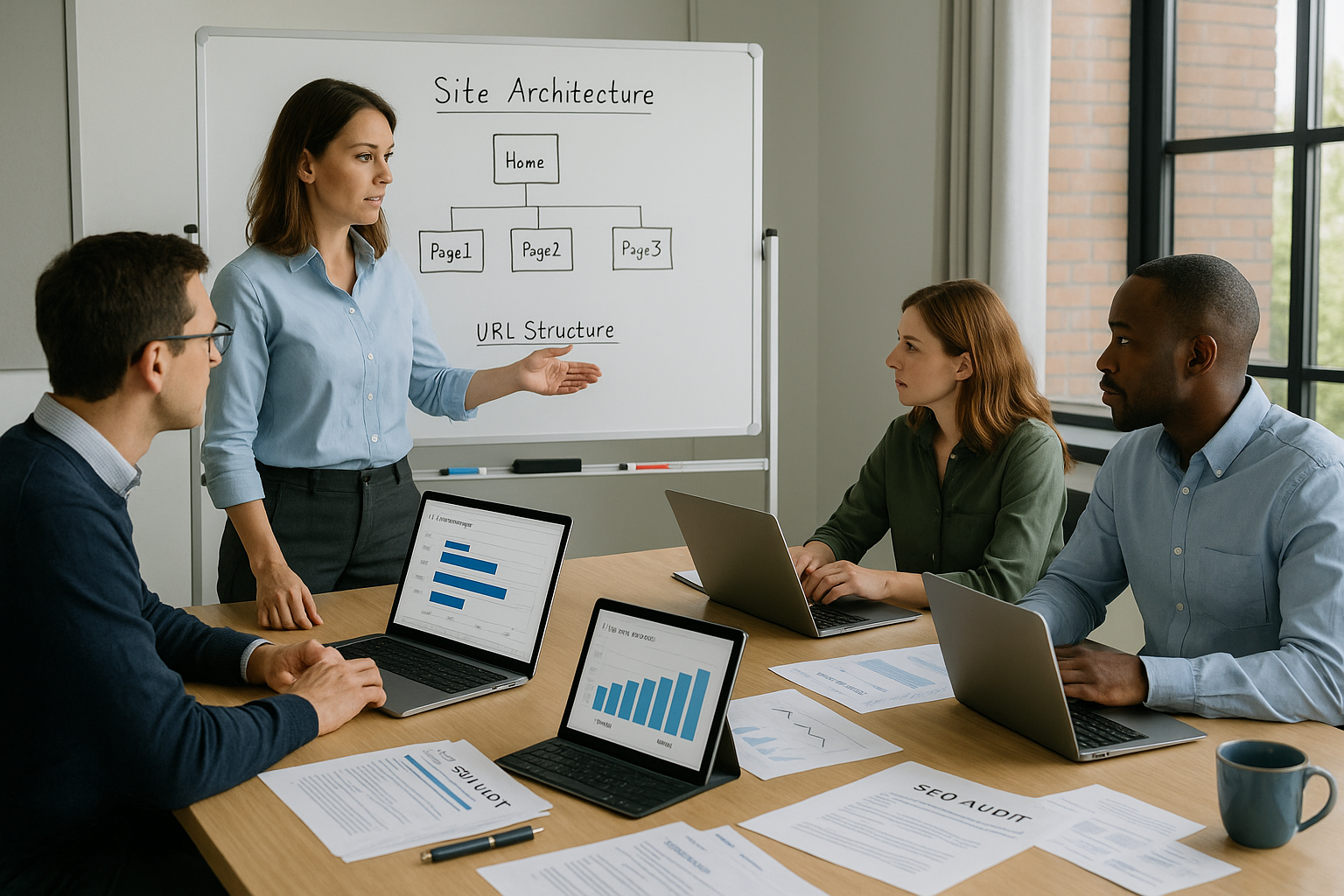 Team di esperti SEO collabora all’Ottimizzazione Sito WordPress in sala riunioni, analizzando struttura URL, architettura del sito e miglioramenti nelle performance su laptop e tablet, con audit e keyword research sul tavolo.