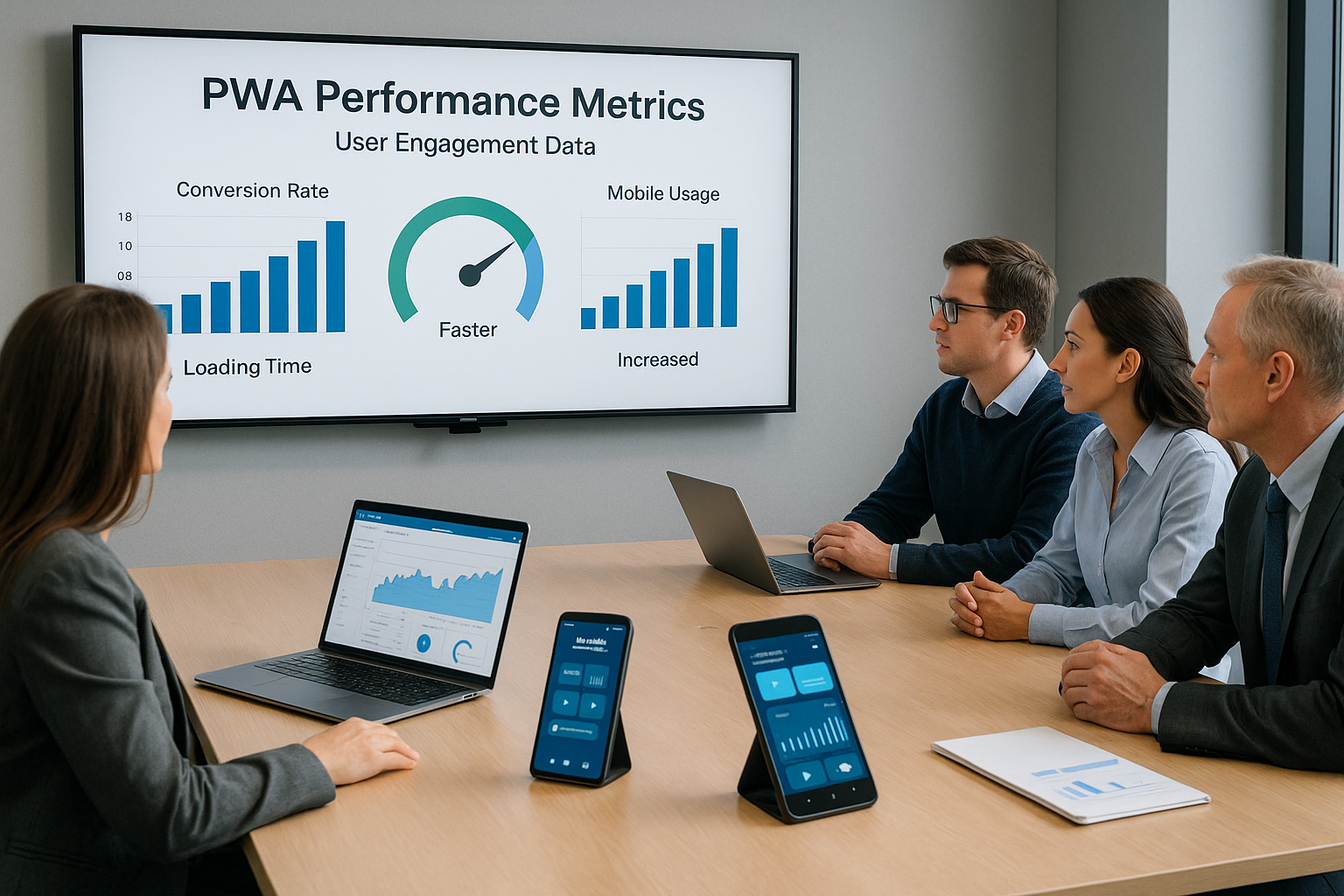 Team aziendale analizza i dati di performance di una PWA Progressive Web App su grande schermo con grafici su conversioni, tempi di caricamento e utilizzo mobile