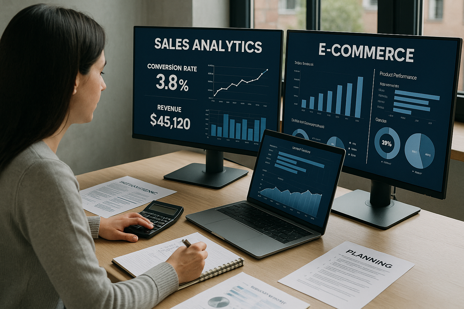Imprenditrice valuta i costi di apertura di un e-commerce osservando grafici di vendita e dati di conversione su più monitor in un ambiente di lavoro moderno.