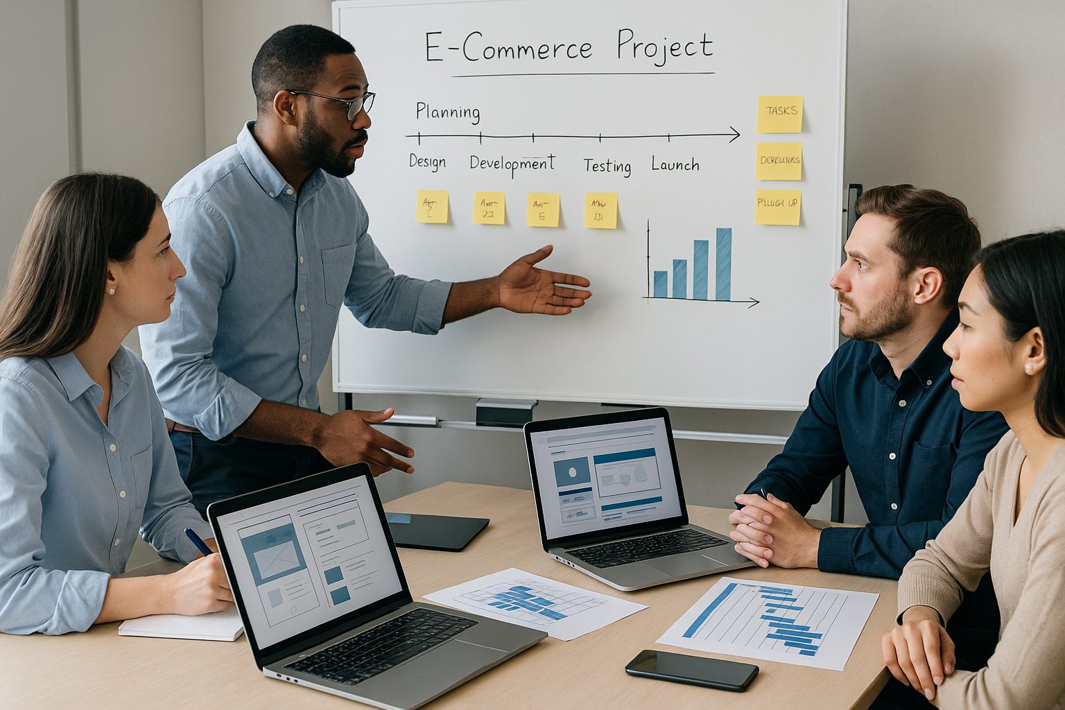 Team di sviluppatori e professionisti business lavora su un progetto e-commerce, con lavagna che mostra le fasi di sviluppo da planning al lancio, laptop con wireframe e note progetto.