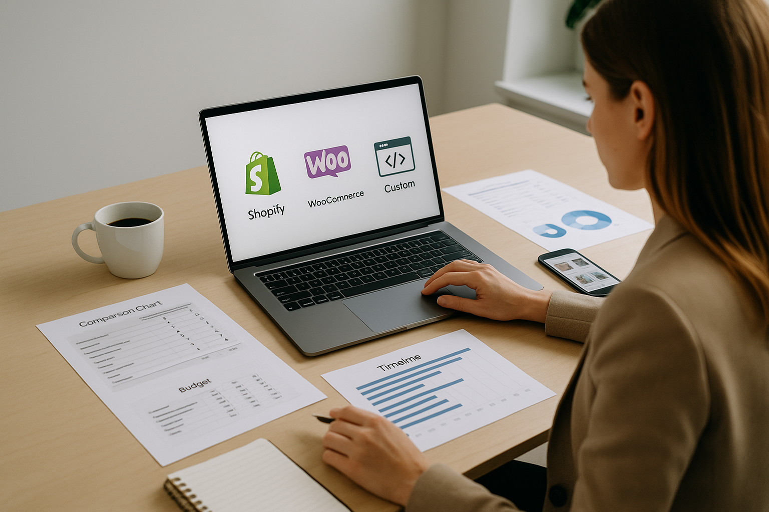 Donna imprenditrice confronta soluzioni per aprire un e-commerce sul laptop, analizzando Shopify, WooCommerce e sviluppo personalizzato con documenti di budget e planning sul tavolo.