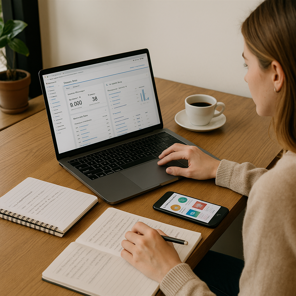 Scrittrice freelance lavora in un bar su contenuti ottimizzati per seo e posizionamento, con laptop che mostra tool SEO, smartphone con idee per la promozione social e taccuini con appunti e keyword.