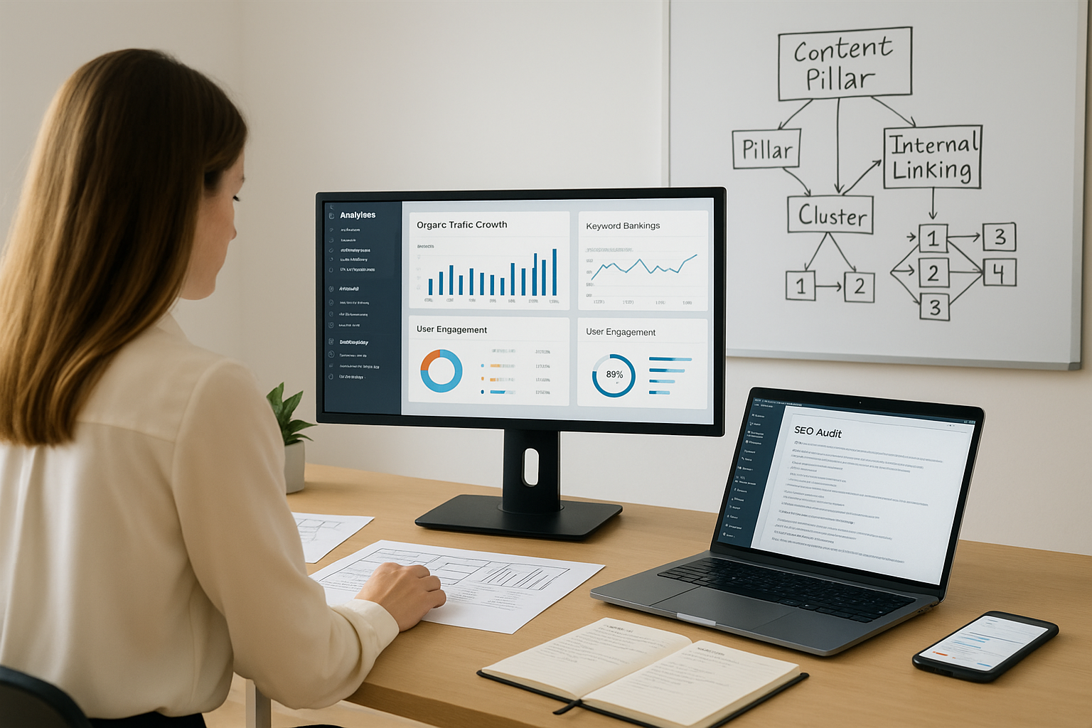 Content strategist analizza report e dashboard legati a seo e posizionamento, con schermo che mostra traffico organico, ranking keyword e coinvolgimento utenti, in un ufficio moderno e ben organizzato.

