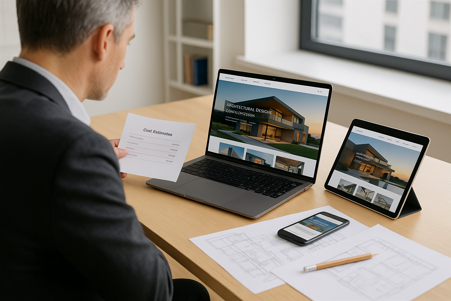 Architetto professionista esamina il design e i costi di un Sito Web per Professionisti su laptop e tablet, con progetti tecnici e versione mobile visibili in un ufficio moderno e luminoso.