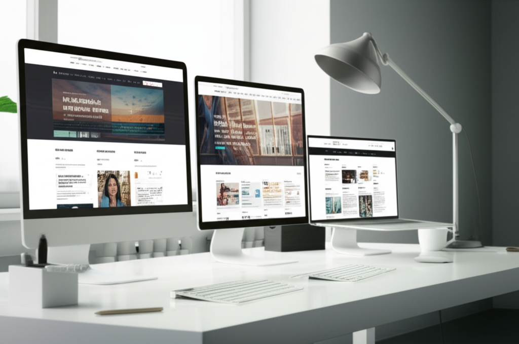 Tre dispositivi digitali su una scrivania mostrano diverse tipologie di sito web: un laptop con sito aziendale, un tablet con blog e uno smartphone con e-commerce per identificare quanto costa un sito web in base alle varie tiplogie di sito web